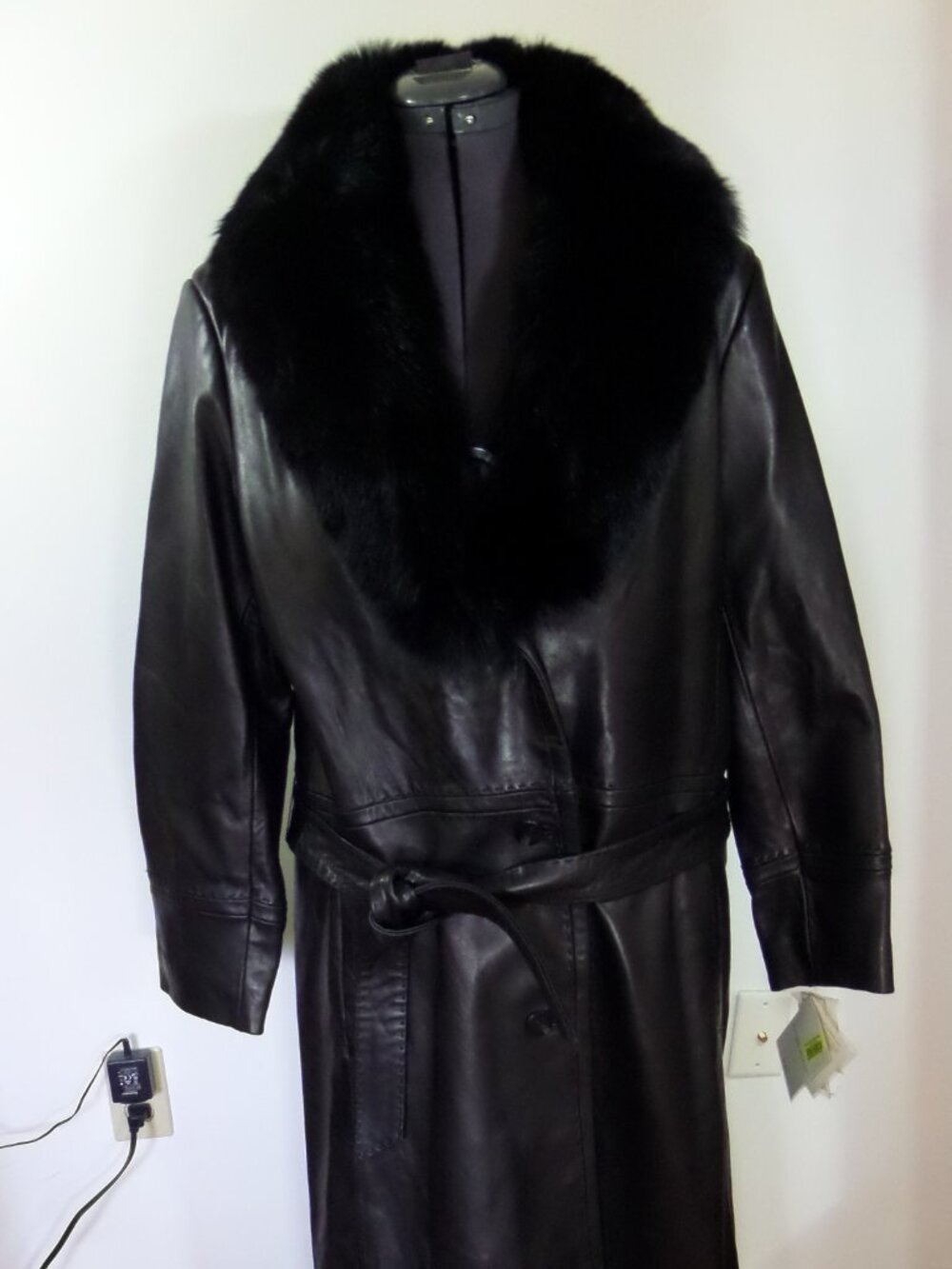 Preston & York Women's Black Lambskin Soft Leather Fox Fur Full Coat SZ XL NWT